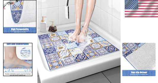 36x36 Non-Slip Shower Mat with Drainage Holes - Luxurious Moroccan Tile Design