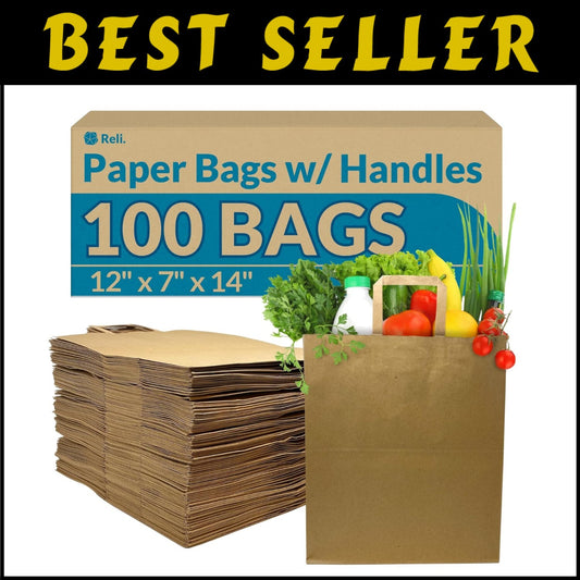 100 Pcs Heavy Duty Paper Grocery Bags w/Handles - 57 Liters for Shopping & Ta...