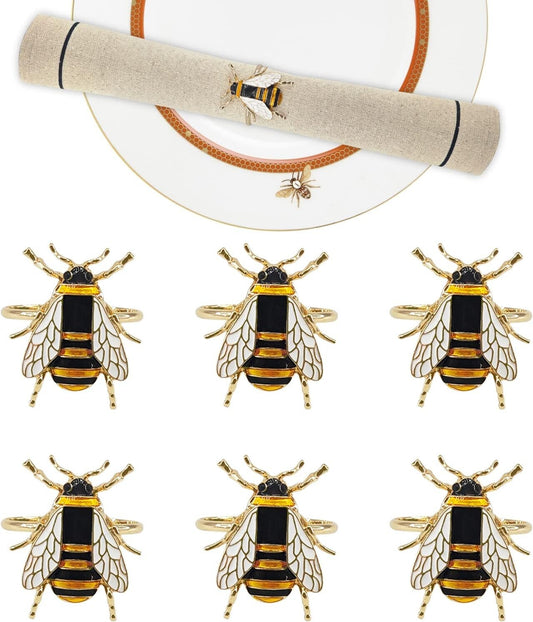 Set of 12 Gold Bee Napkin Rings - Soft Enamel Metal Holders for Elegant Dining