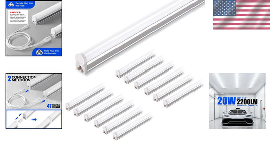 Energy-Efficient 12-Pack 4FT T5 LED Shop Lights - 20W, Indoor Use, 2200lm