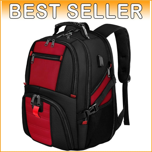 Extra Large 50L Water-Resistant Travel Laptop Backpack with USB Port, Bright Red