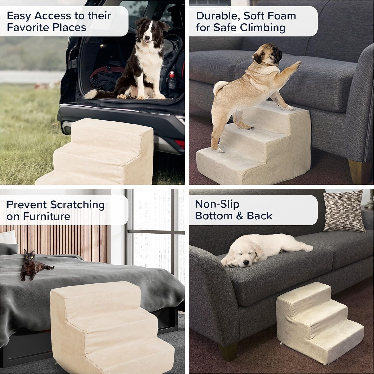 Non-Slip 3-Step Pet Stairs with Machine Washable Cover - Supports 25lbs