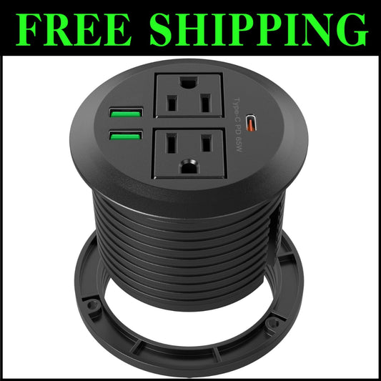 Compact Desktop Power Grommet with 6ft Cord: Two Outlets and Three USB Ports