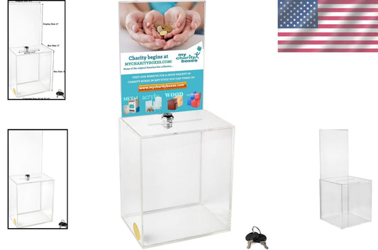 Clear Donation Box with Lock and Display Holder - Extra Large 16" x 8" x 6"