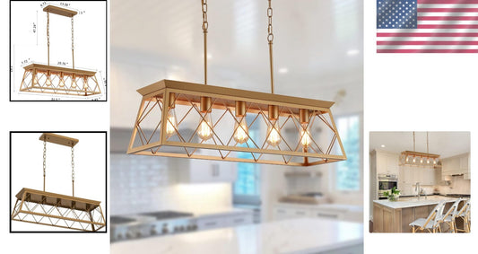 Adjustable 5-Light Gold Farmhouse Chandelier for Living Room and Dining Areas