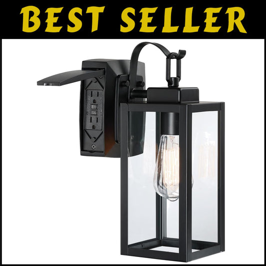 ETL Listed Outdoor Sconce - Matte Black Design with GFCI Outlet & Glass Shade