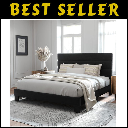 Luxury King Size Velvet Upholstered Platform Bed Frame - Easy Assembly | Black