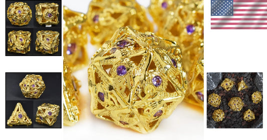 Collector's Grade 7-Piece Jeweled Metal DND Dice Set with 70 Natural Gemstones