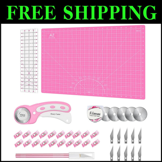 Ergonomic Pink Rotary Cutter Set for Quilting - Includes Cutting Mat & Ruler