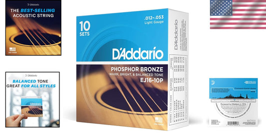 D'Addario Phosphor Bronze Acoustic Guitar Strings - Rich Tone - 12-53 Light Pack