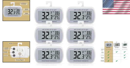 Easy Read 6-Pack Waterproof Digital Thermometers for Refrigerators & Freezers