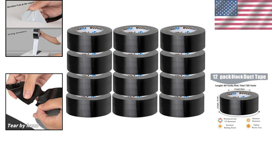 All-Weather 2 Inch Black Duct Tape Bulk - 12 Rolls, Strong Adhesive for Repairs