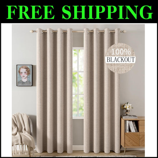 High-Quality Faux Linen Blackout Window Panels – 2 Pack Grommet Curtains 52x96