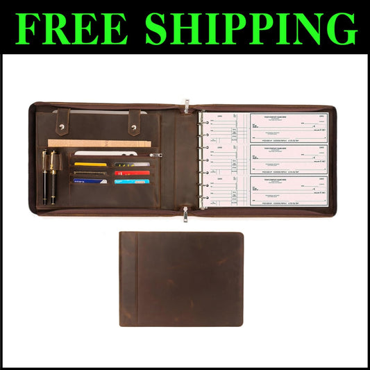 Stylish Zippered Checkbook Binder for Business Checks - Leather 7 Ring System