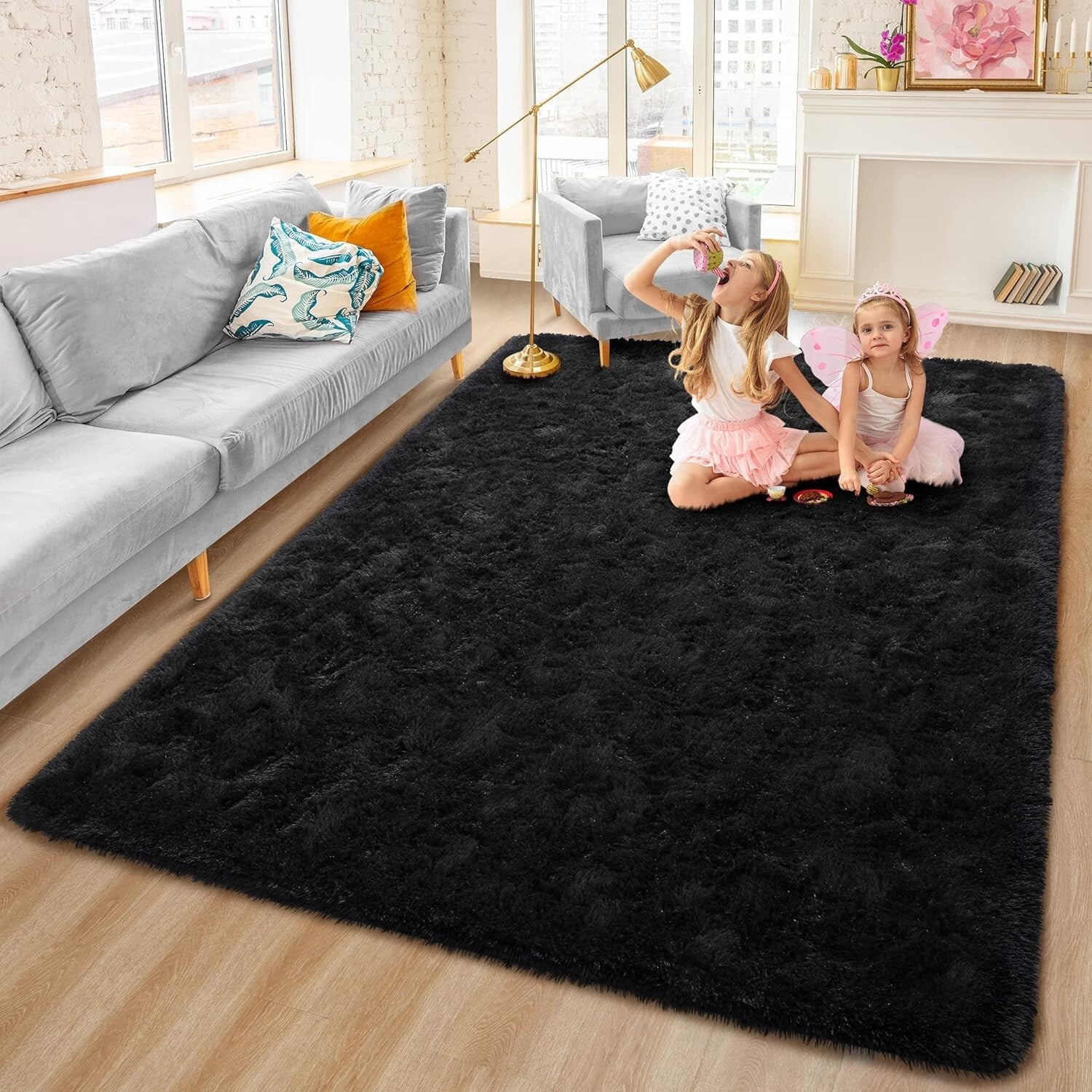 Fluffy Black 6x9 Area Rug - Soft Shaggy Carpet for Modern Living Rooms