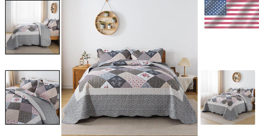 All-Season Grey King Quilt Set - Lightweight Floral Bedspread with Pillow Cases