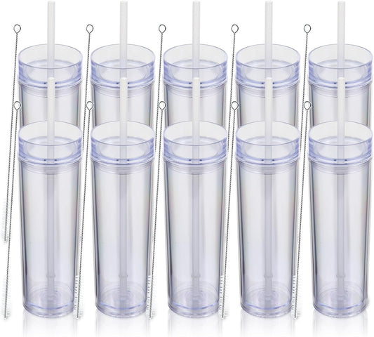 Bulk 10 Pack of Insulated 16oz Acrylic Tumblers with Straw & Lid - Clear Design