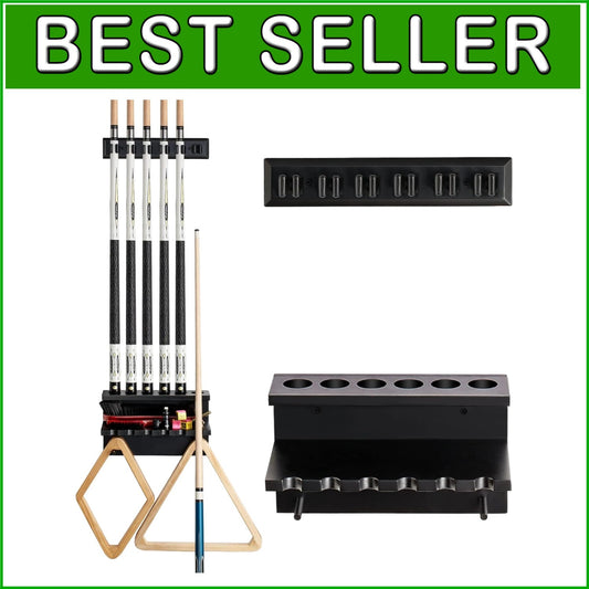 Classic Oak Pool Cue Storage Rack - Holds 6 Cues & Billiard Accessories