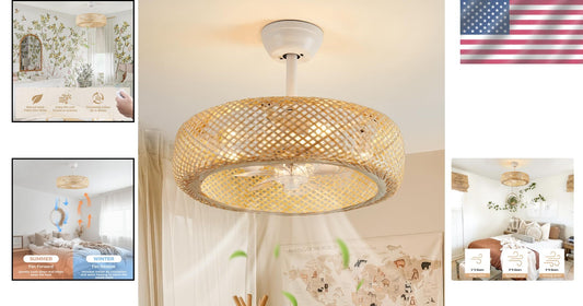 Stylish 20" Boho Rattan Caged Ceiling Fan with Remote Control - Flush Mount