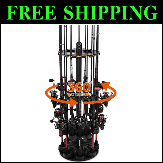 V16 Fishing Rod Rack with Rotating Base: Holds 16 Poles, Space-Saving Solution