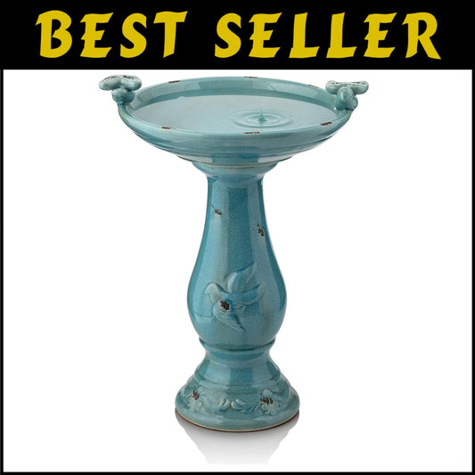25" Antique Turquoise Ceramic Birdbath with 2 Figurines for Birds & Garden Charm