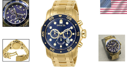 200m Water Resistant Diver's Chronograph Watch with Blue Dial & Gold Tone Band