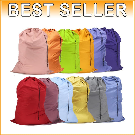 Durable Extra Large Nylon Laundry Bags with Drawstring - 12 Pack in Mixed Colors
