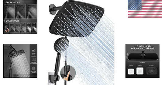 Luxurious 11.8-Inch Eco Flow Shower Head with 6 Settings - Matte Black Finish