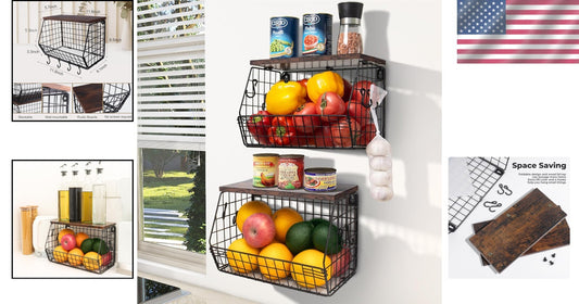 Elegant Kitchen Organizer: Metal Fruit Basket with Wooden Lid & Banana Hangers