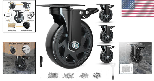 4 Heavy-Duty 6-Inch Caster Wheels with Double Brake - Smooth, Silent Rolling