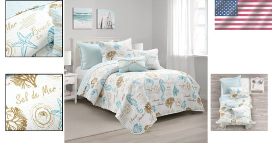 Harbor Life 5-Piece Reversible Coastal Quilt Set - Twin/Twin XL - Beach Theme