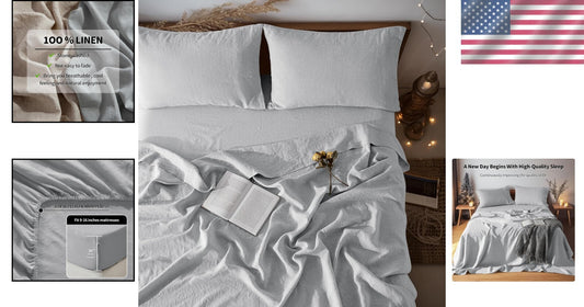 Breathable 100% Linen Bed Sheets Set, Full Size, Deep Pocket, All Season Comfort