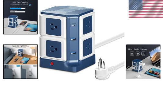 Compact Desktop Power Strip: 8 Outlets & Fast USB Charging Ports - ETL Listed
