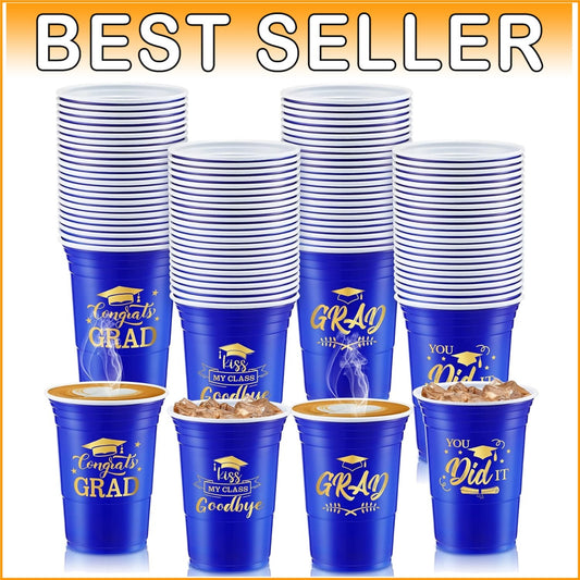 Celebrate in Style: 200 Blue and Gold Graduation Stadium Cups, 16 oz Disposable