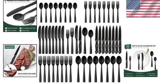 Complete 48-Piece Stainless Steel Matte Black Silverware Set for Upscale Dining