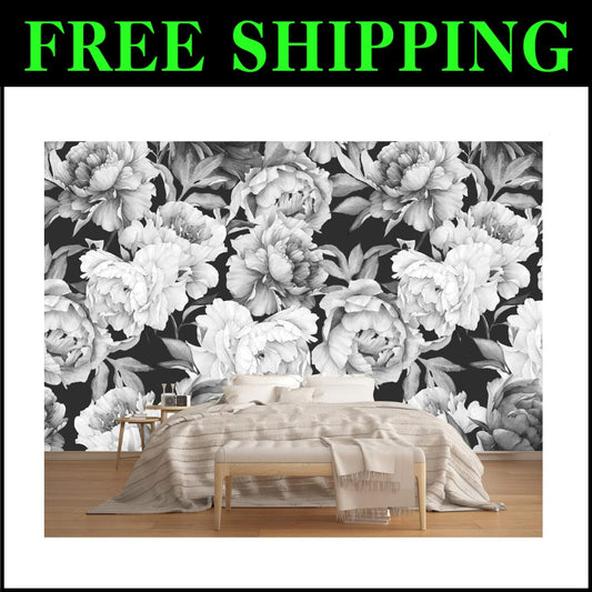 Botanical Watercolor Floral Mural - 141" Wide Black & White Peonies Wallpaper