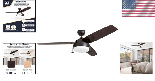 52" Contemporary Ceiling Fan with LED Light & Pull Chain - Espresso Finish