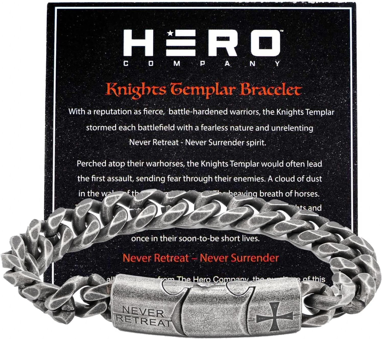 Fearless Men's Link Bracelet - Knights Templar 'Never Surrender' Stainless Steel