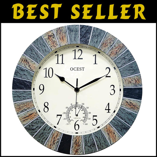 13-Inch Waterproof Wall Clock with Silent Thermometer - Elegant Farmhouse Design