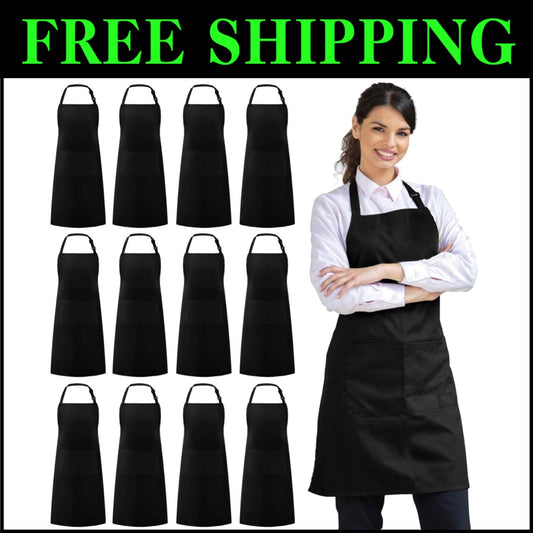 Unisex 100% Cotton Bib Aprons - Bulk 12 Pack with Large Pockets for Kitchen Use