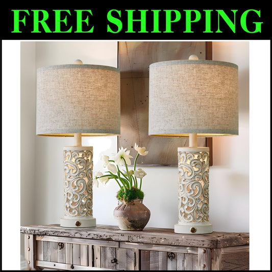 3-Way Dimmable Touch Control Table Lamp Set of 2 with USB Ports - Vintage Charm