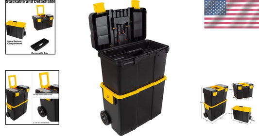 Durable Portable Tool Box with Wheels - Stackable 2-in-1 Organizer, Black/Yellow