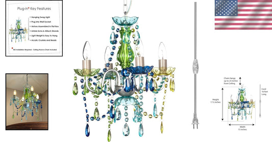 4-Light Plug-in Blue Green Acrylic Crystal Hanging Chandelier - Wedding Elegance