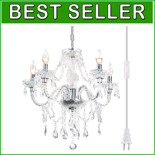 Elegant Acrylic Crystal Chandelier - Plug-In 5 Light Pendant with Clear Cord