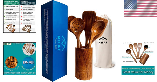 Durable Eco-Friendly Teak Cooking Utensils Set with Canvas Holder for Gifts