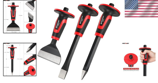 Durable Masonry Chisels: 11" Point & Flat, 8" Brick Chisel with Hand Guard