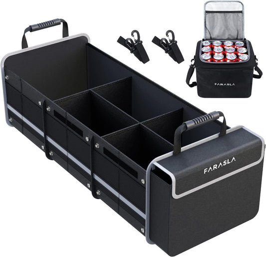 Durable Black Trunk Organizer with Adjustable Straps & Insulated Cooler Bag