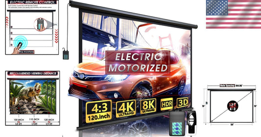 4:3 Electric Projector Screen with Remote - 120 Inch for Home & Outdoor Cinema