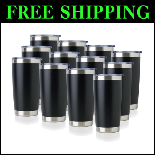 Double Wall Insulated 20oz Travel Mugs - 12 Stainless Steel Tumblers in Black