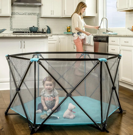 Portable 6-Panel Play Yard for Infants - Aqua Indoor/Outdoor Safety Solution